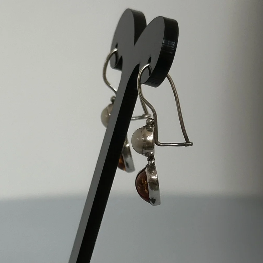 Elegant 925 Sterling Silver Pearls Amber Dangle Earrings